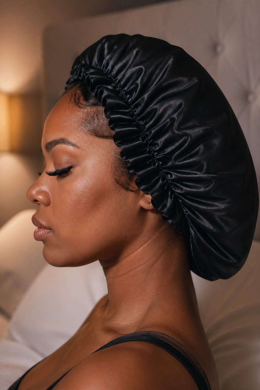 Woman wearing a satin bonnet protecting her coily hair