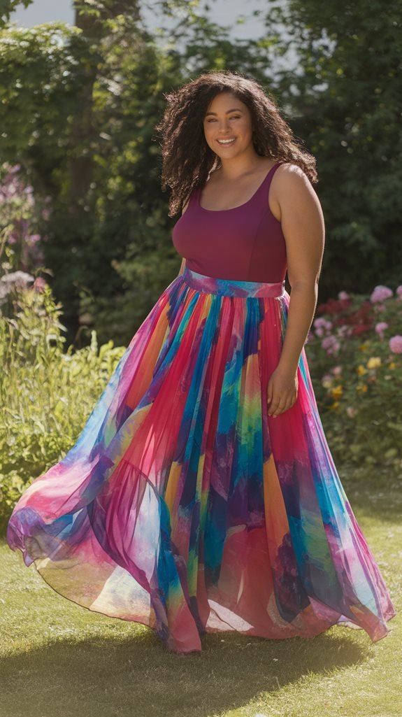 Watercolour Maxi Skirt with a Burgundy Tank plus size outfit