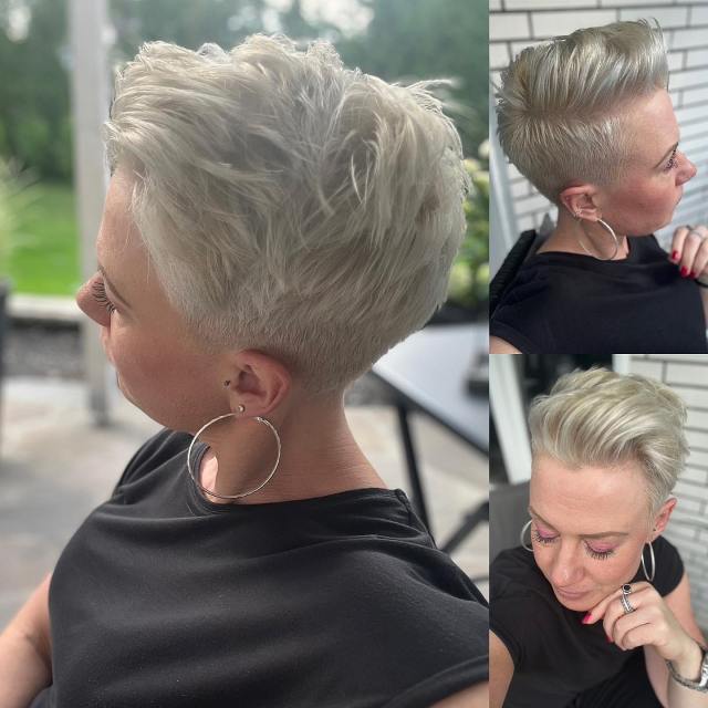 Combed-back silver pixie haircut