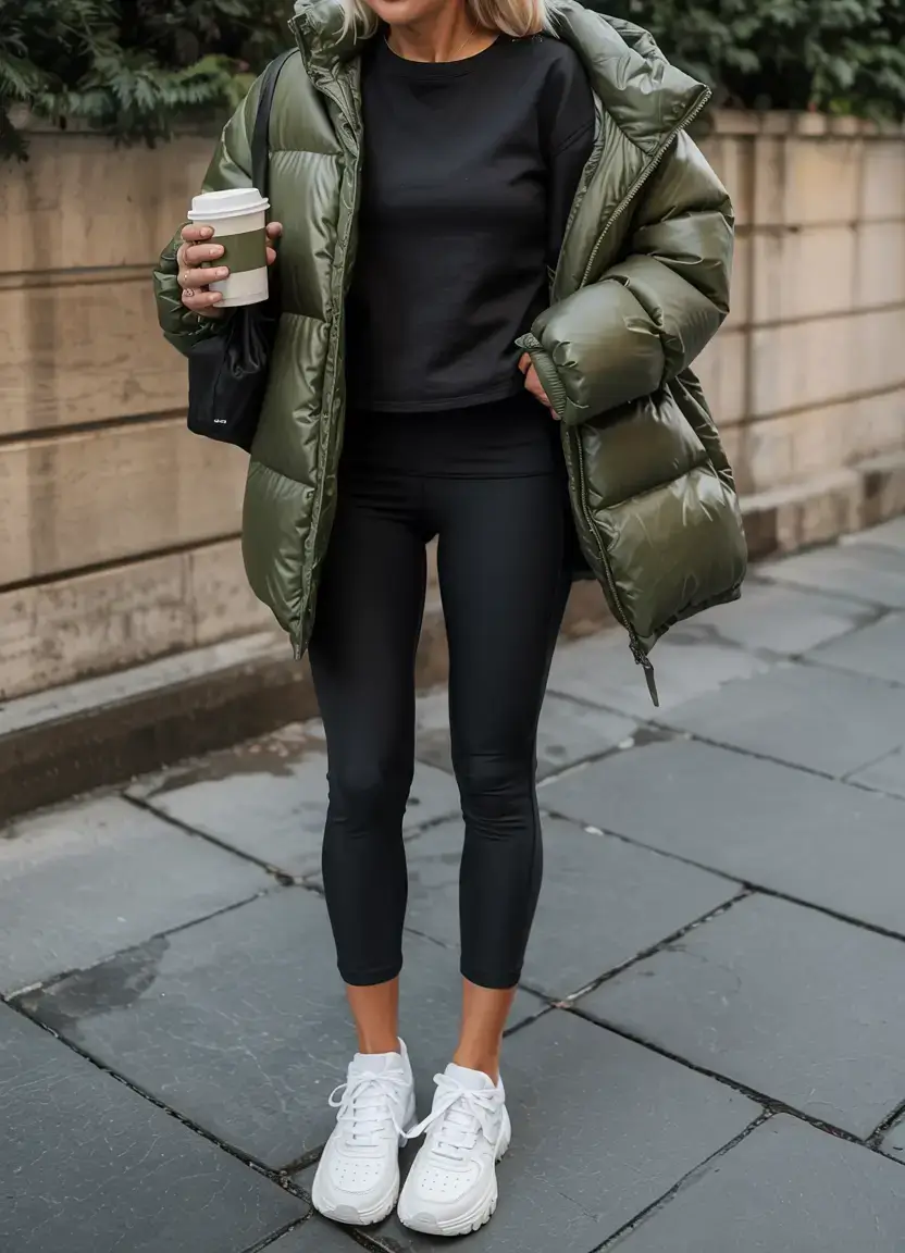 Olive puffer jacket with black leggings and white sneakers lazy outfit