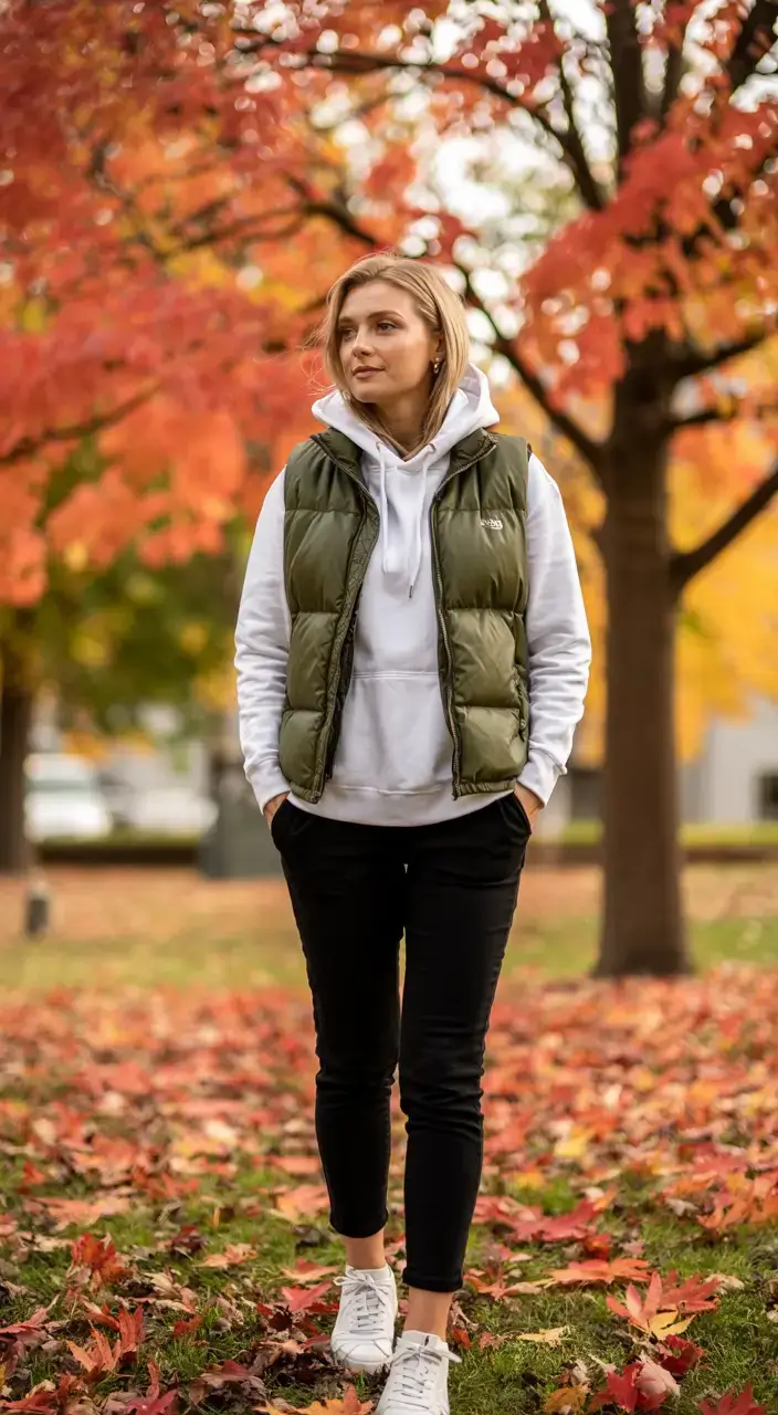 Olive vest over white hoodie with relaxed jeans lazy outfit