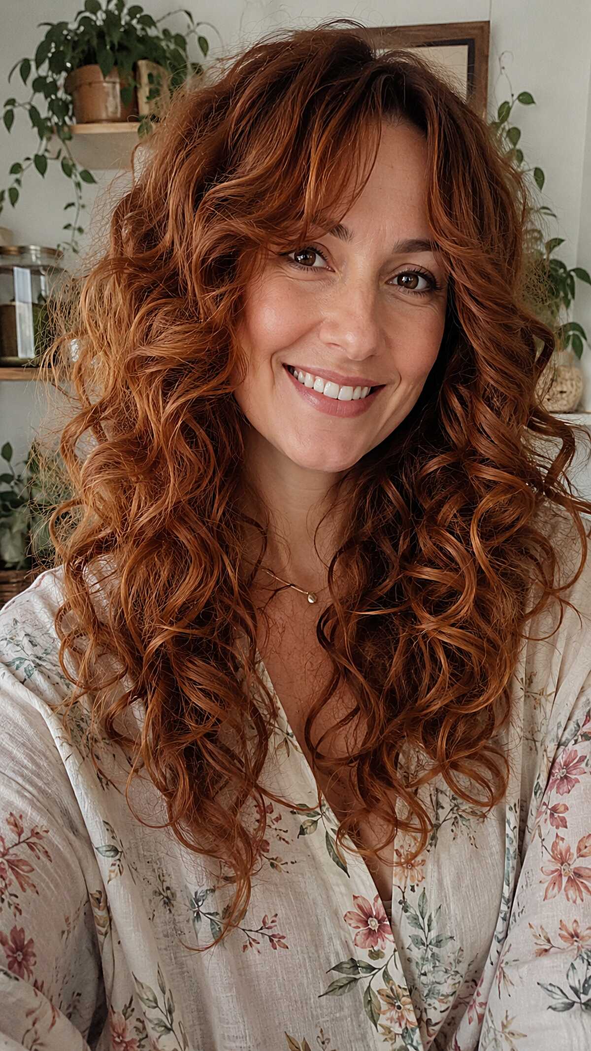Copper auburn curtain bangs on long dense curls