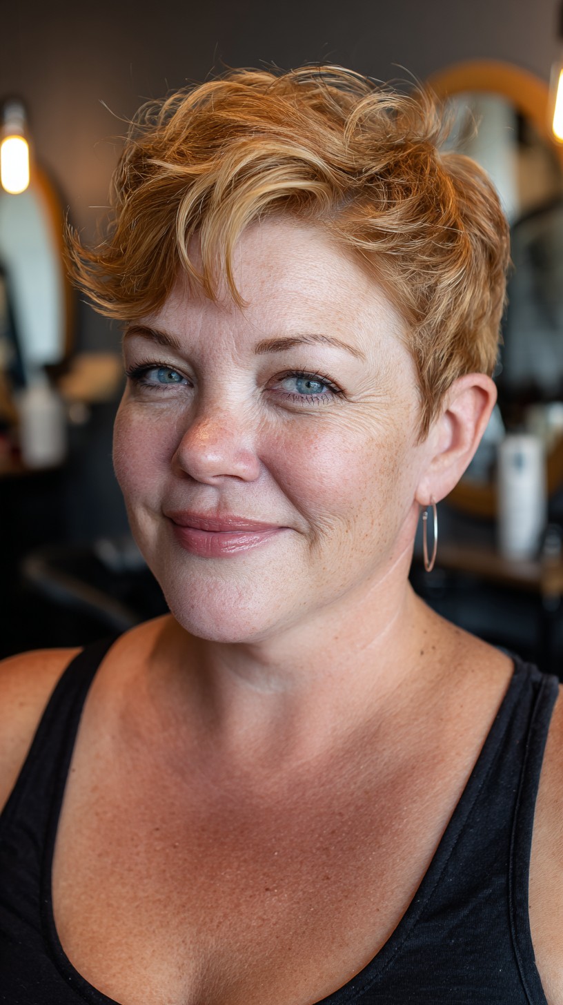 Warm Copper-Brown Pixie with a Swooped Top brown pixie haircut