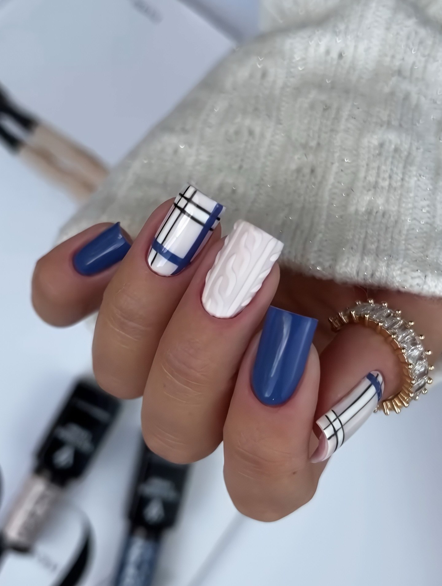 Blue Plaid With Cable Knit on Square Nails sweater nail design