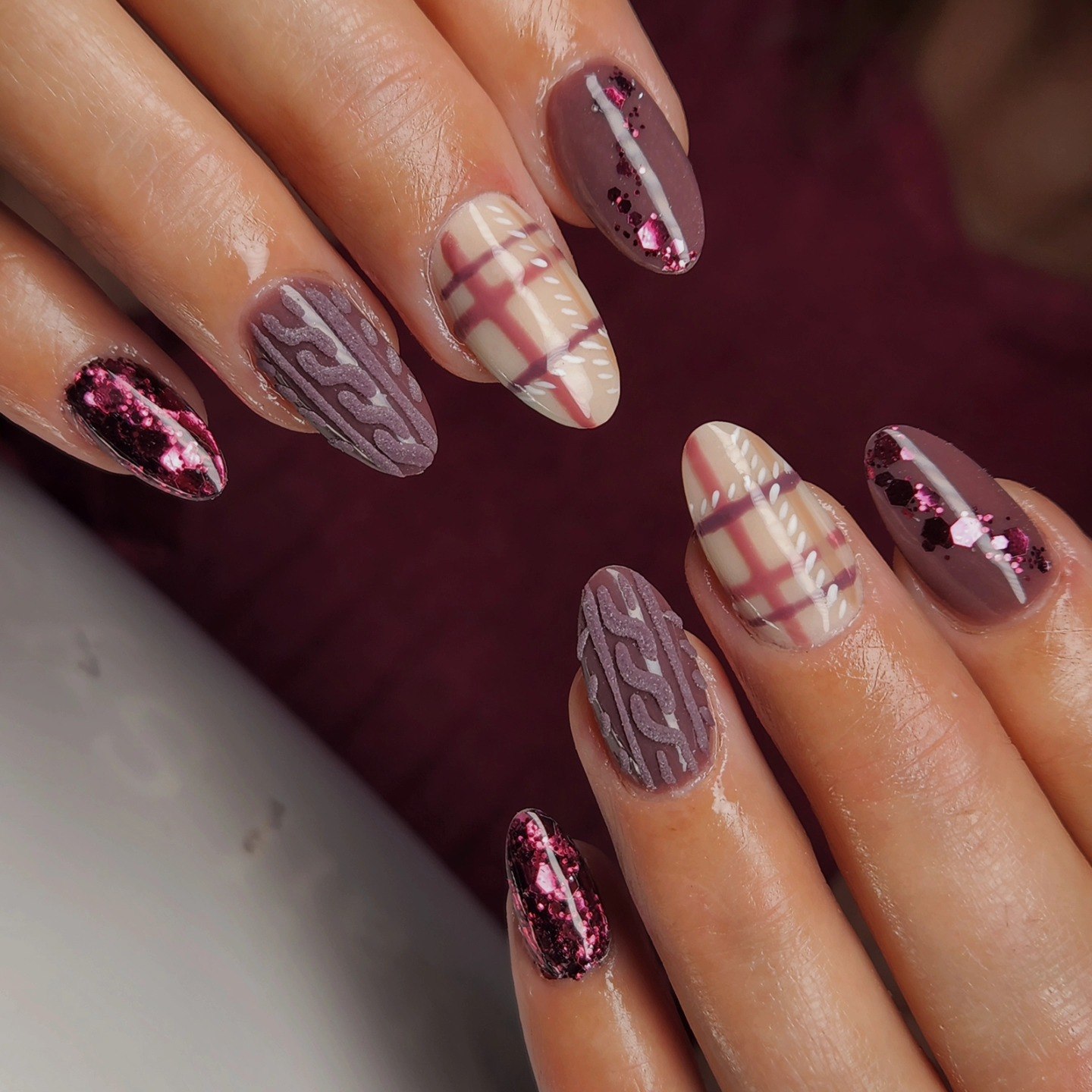 Classic Plaid and Cable Knit Almond Set sweater nail design