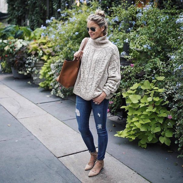 Cream Chunky Knit with Ripped Jeans and Matching Ballet Flats sweater outfit for women