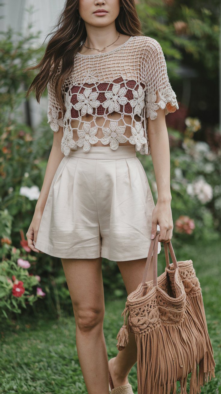 Floral Crochet Top With Cream Shorts boho outfit