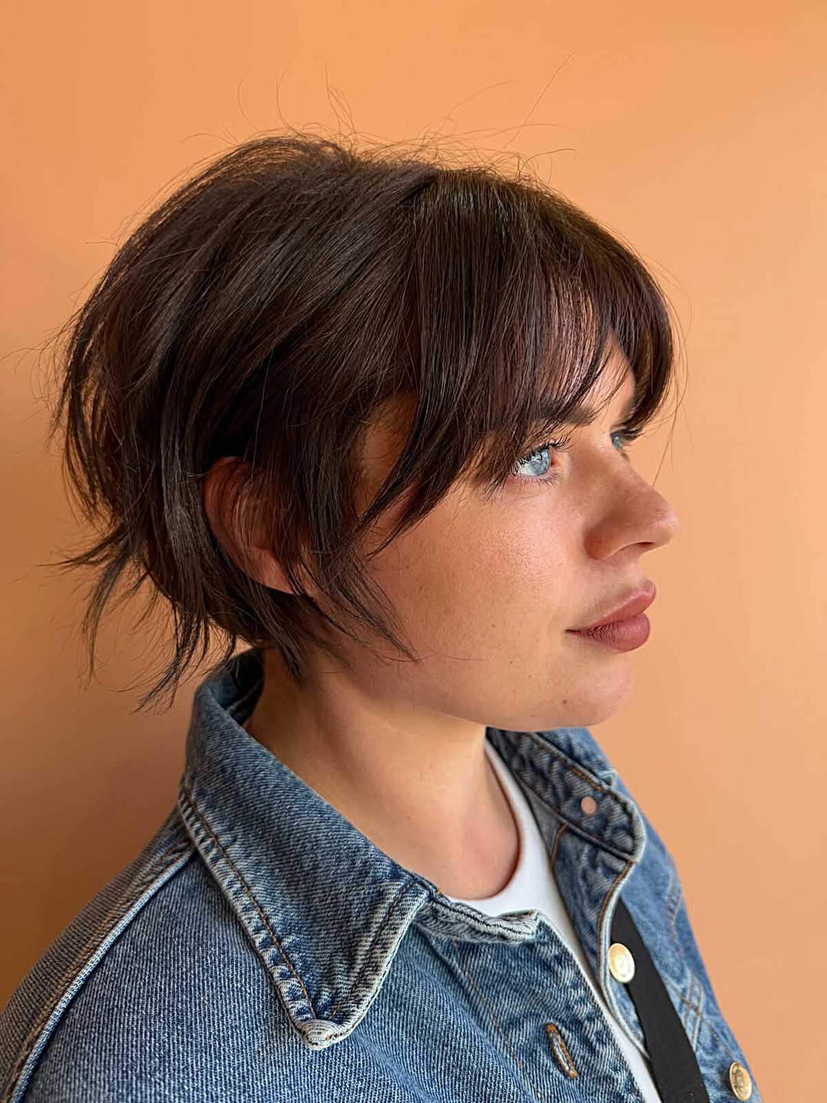 Cropped brunette bob with a heavy fringe