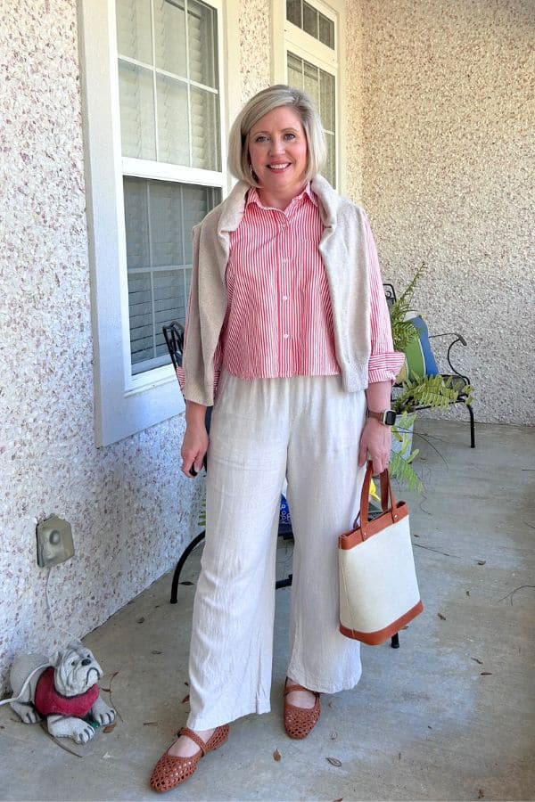 Cropped button-up shirt with white linen pants and Mary Jane flats linen pants outfit