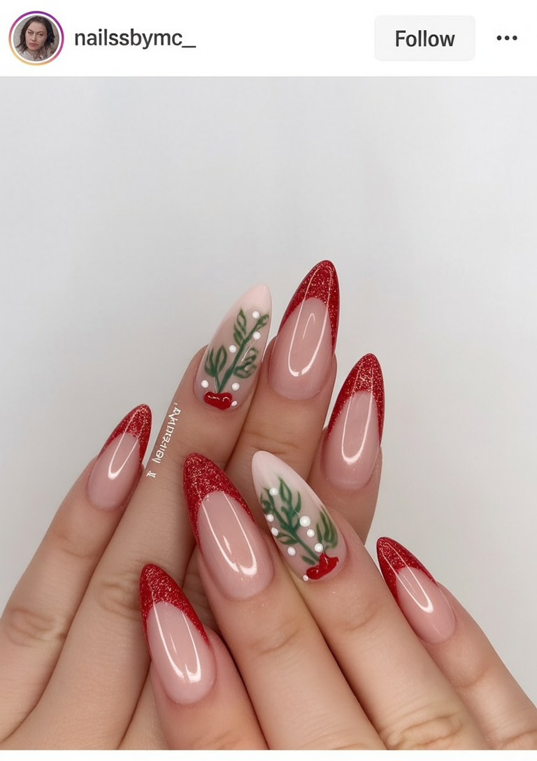 Short Nails with Bows, Wreaths and Red Glitter classy Christmas nail manicure