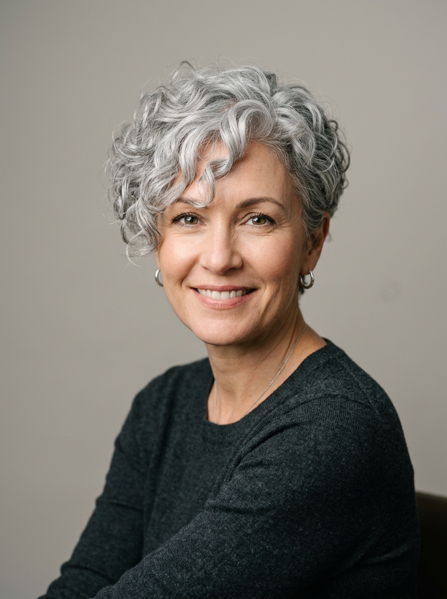 Silver curly pixie with a side-swept fringe