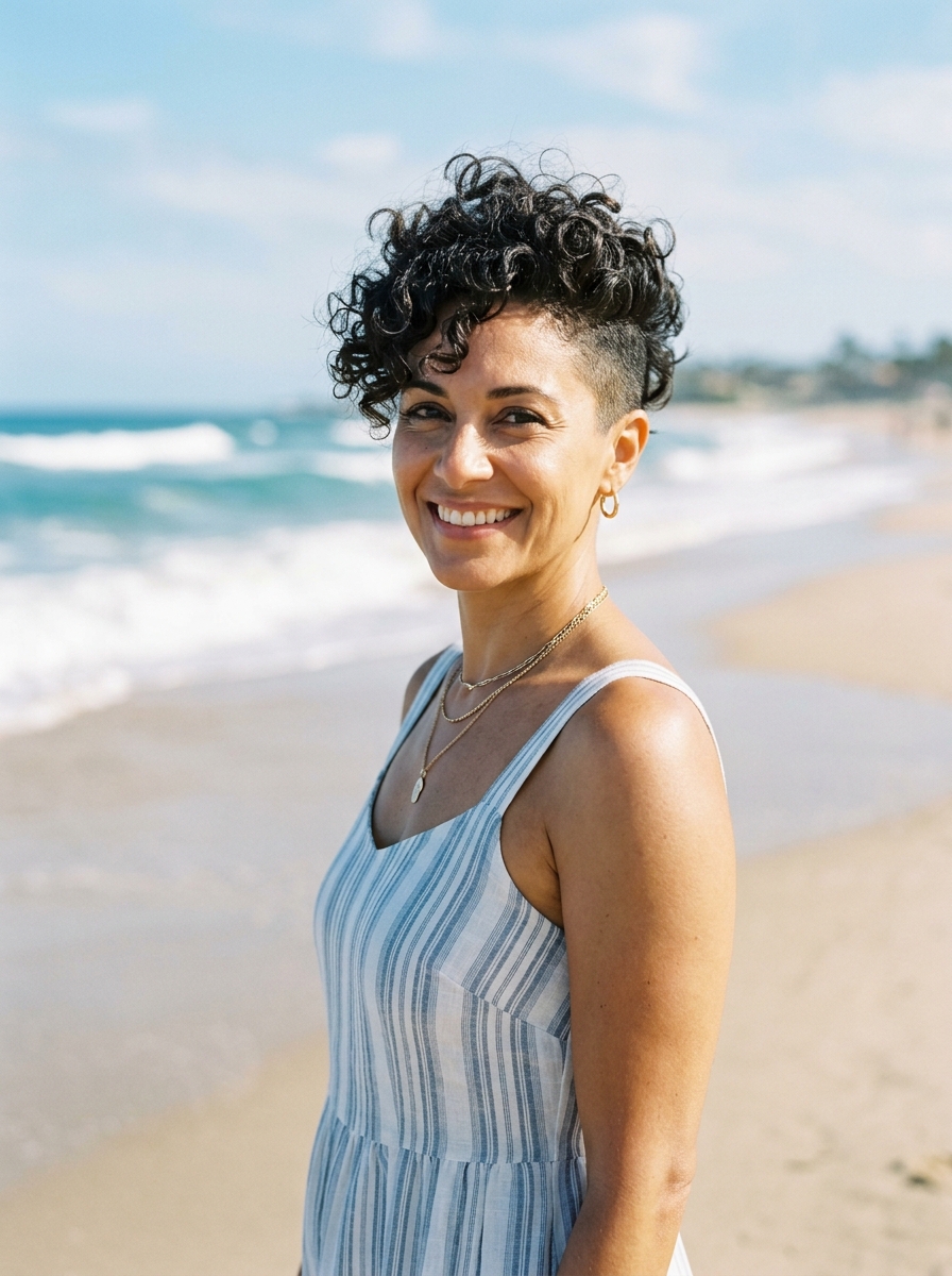 Curly pixie with a long top and shorter sides