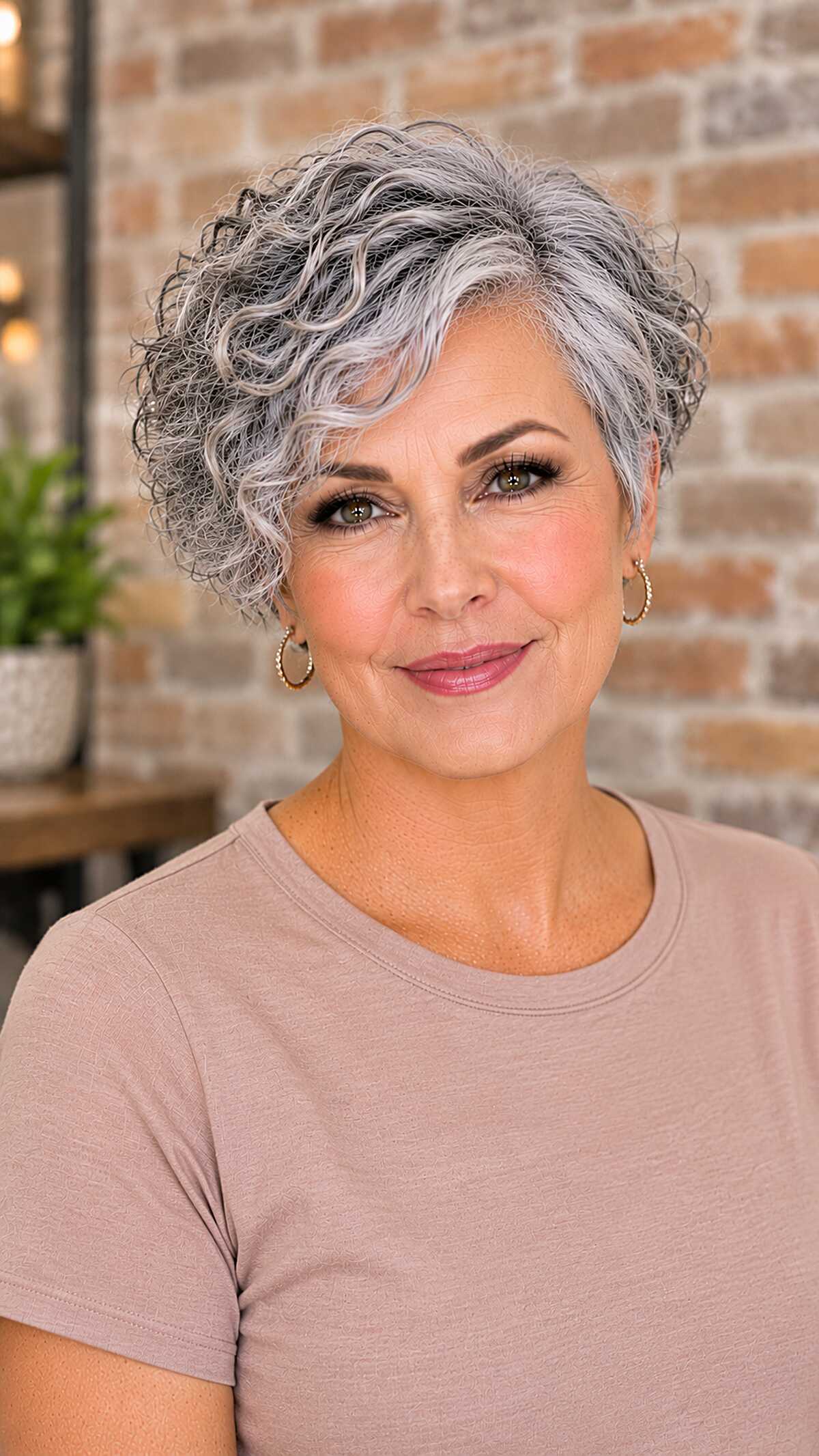 Curly silver pixie with natural texture on top haircut for women over 60