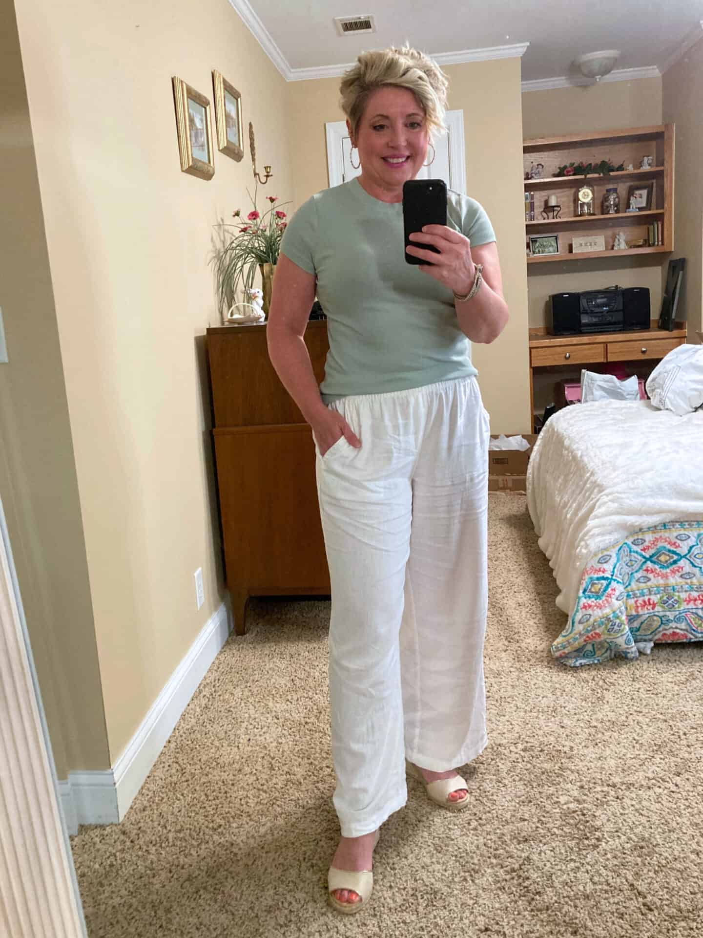 Pastel knit tee and white linen pants with espadrille wedge sandals linen pants outfit