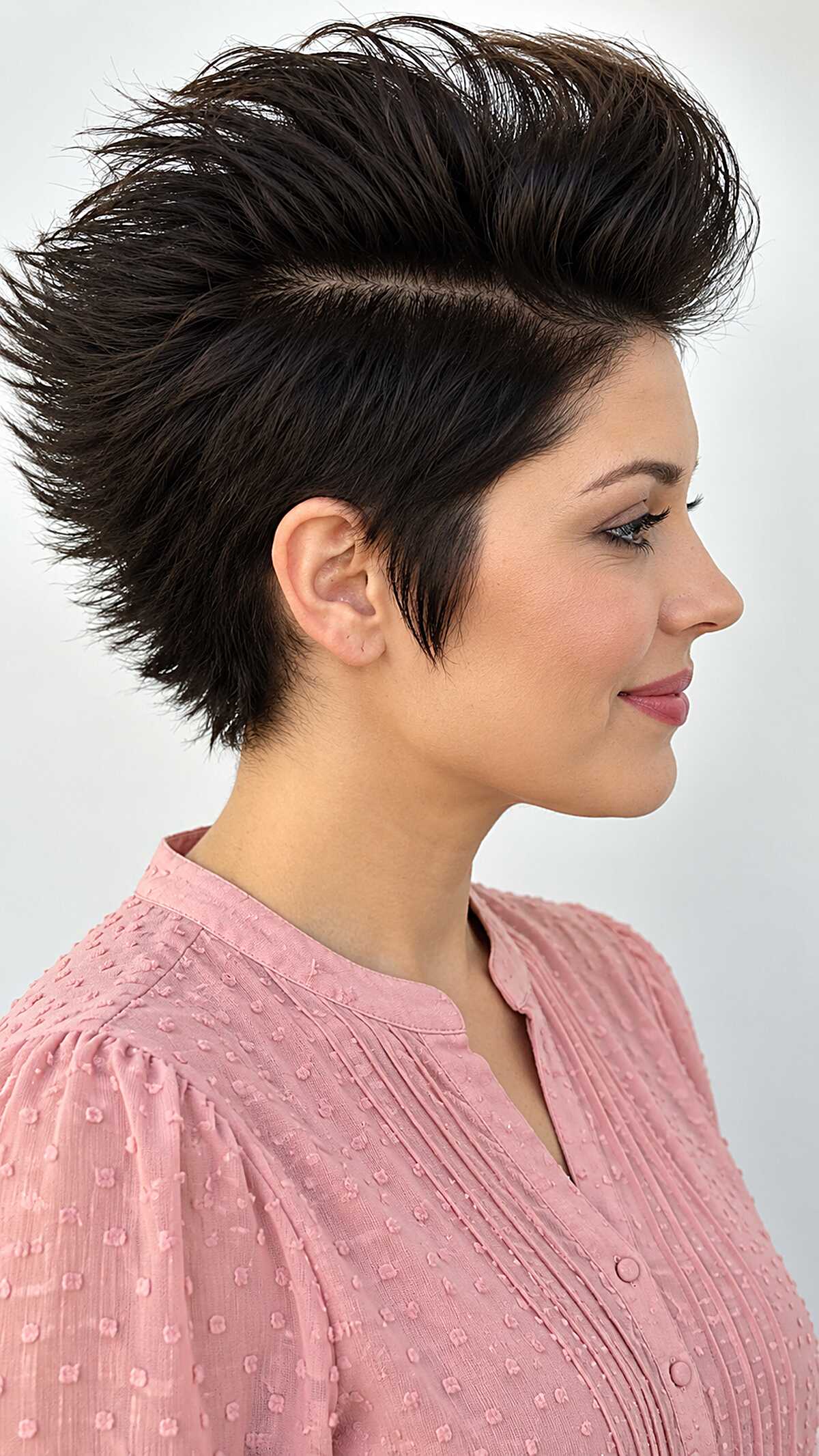 Dark Brunette Pixie Styled as a Dramatic Mohawk brown pixie haircut