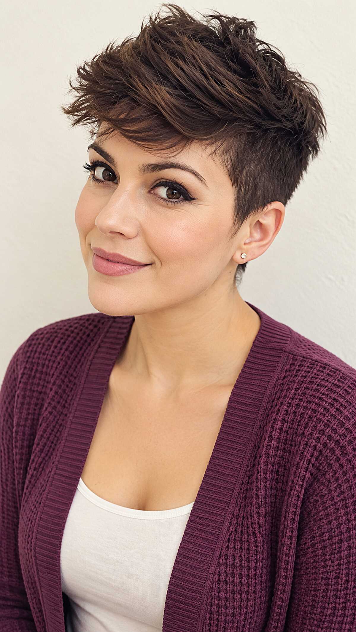 Dark Espresso Pixie Swept Back from the Face brown pixie haircut