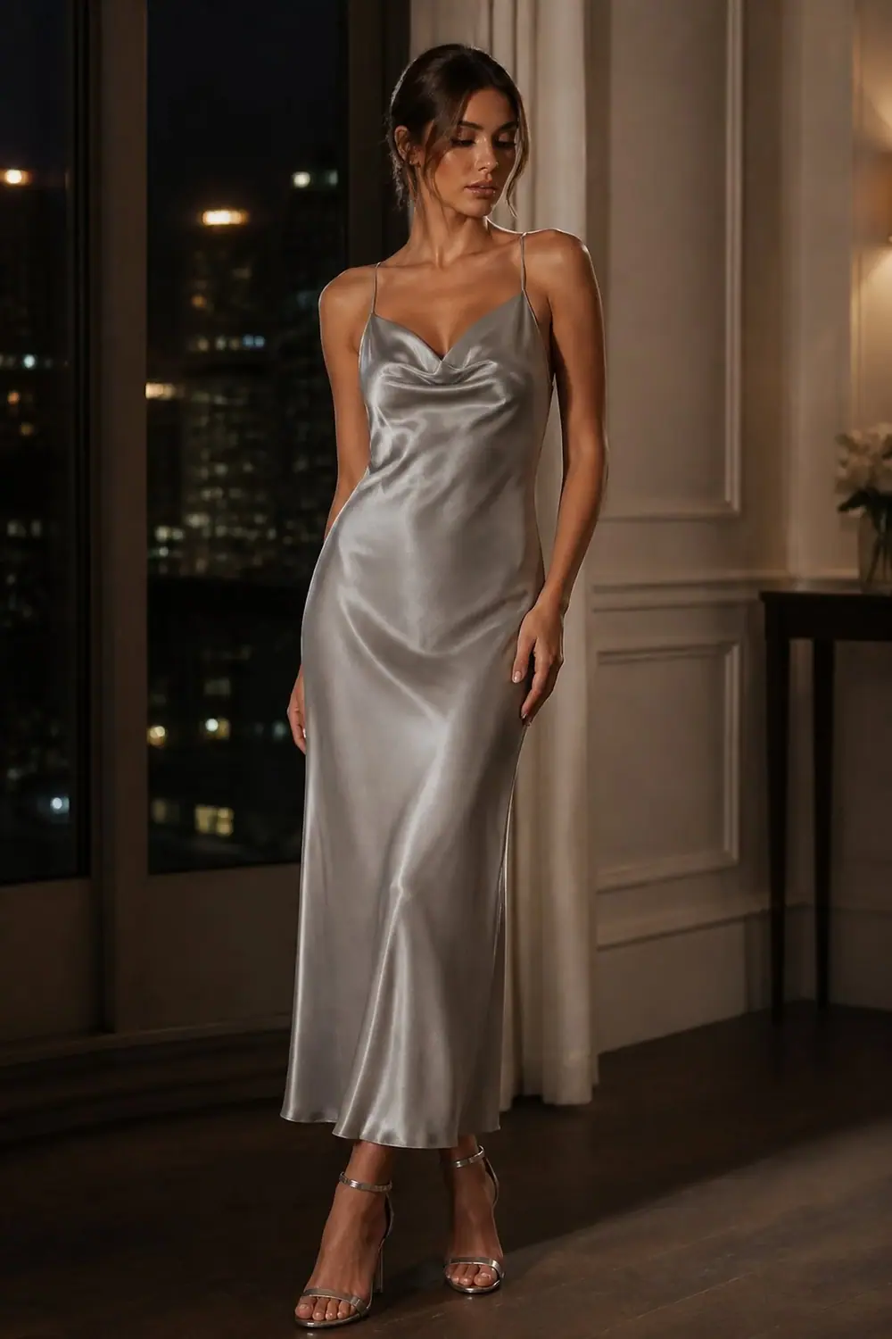 Silver Satin Cowl-Neck Slip Dress theater outfit