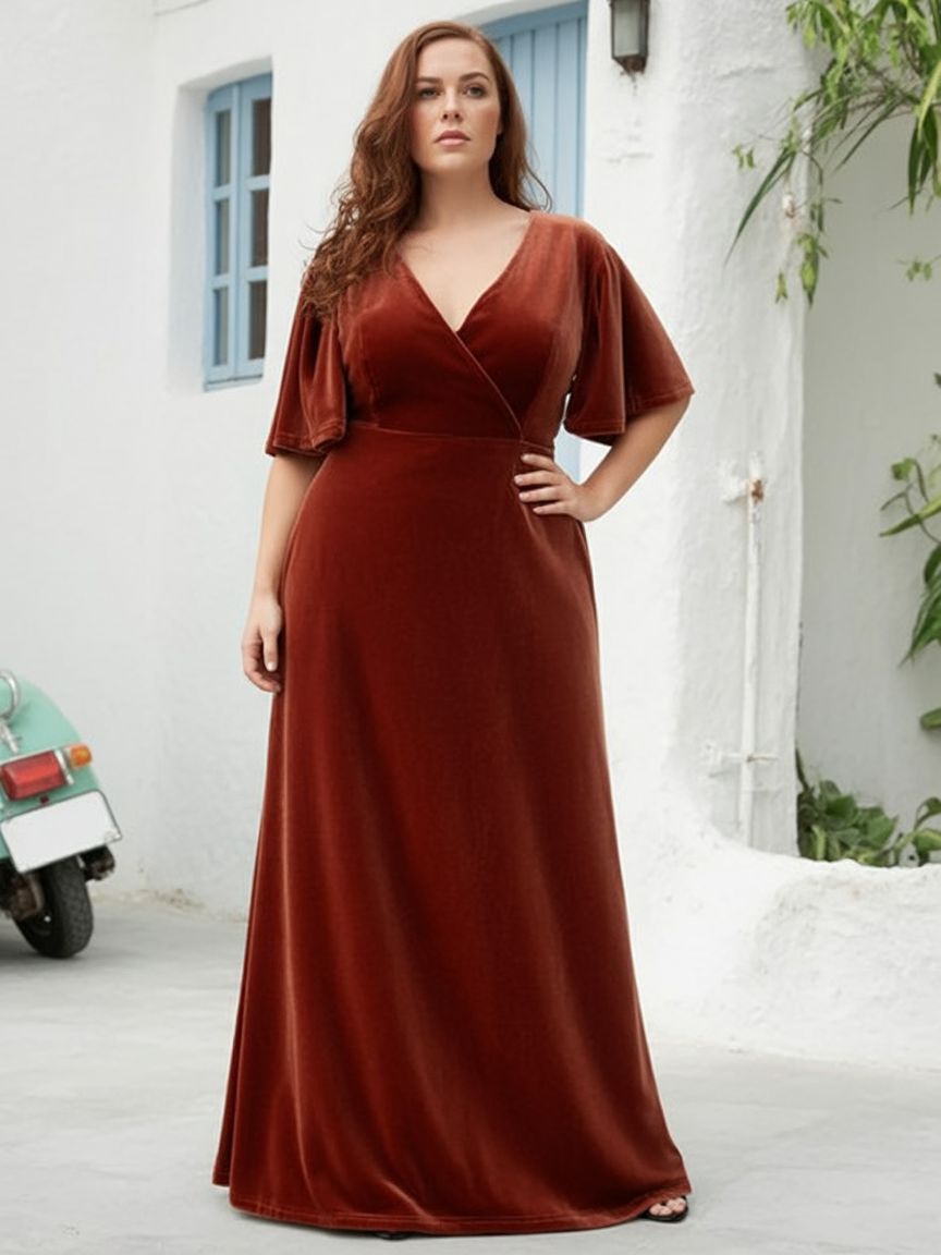 Copper velvet wrap gown formal outfit