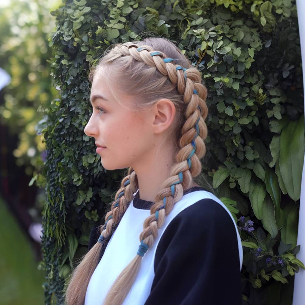 Double Braids With Ribbon Woven Through winter hairstyle