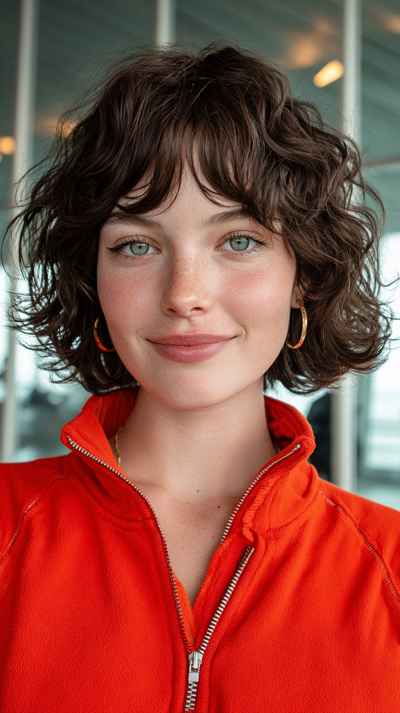 Curly bob with bouncy face-framing curtain bangs