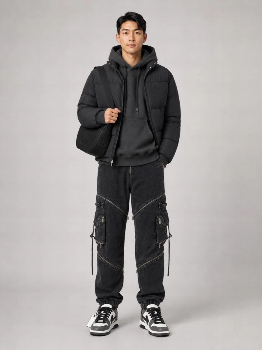 Utility Puffer and Hoodie Layering men's winter outfit