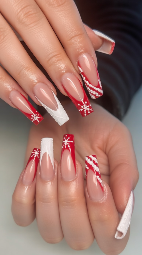 Knitted Red and White French Tips Christmas French tips nail design