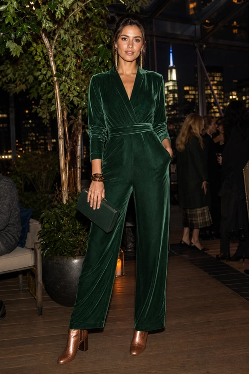 Emerald Velvet Wrap Jumpsuit with Copper Ankle Boots night out outfit