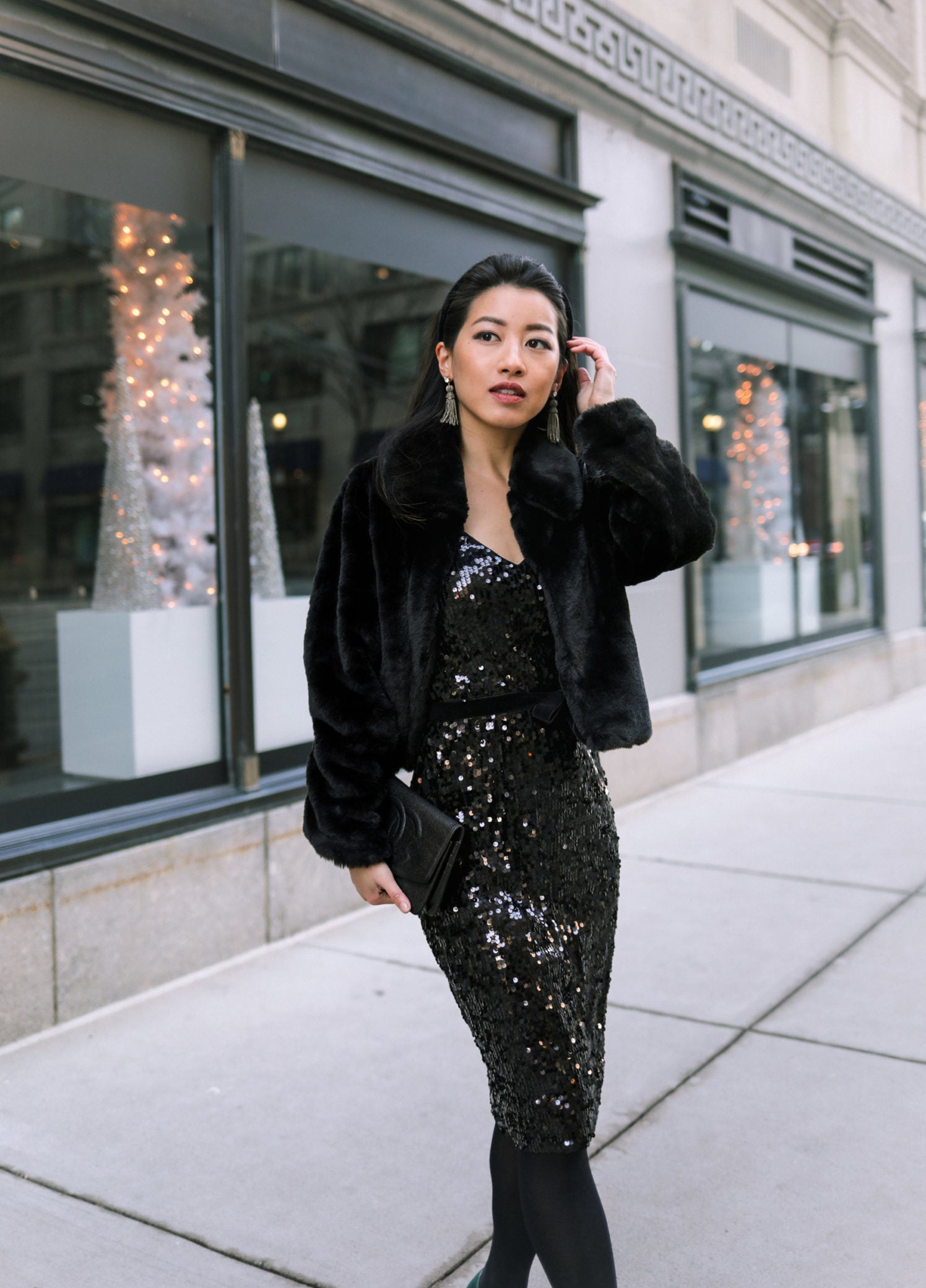 Black Sequin Dress With a Cropped Faux Fur Jacket dinner dress