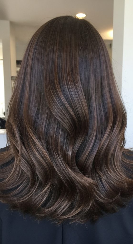 Amber highlights on cocoa brown hair