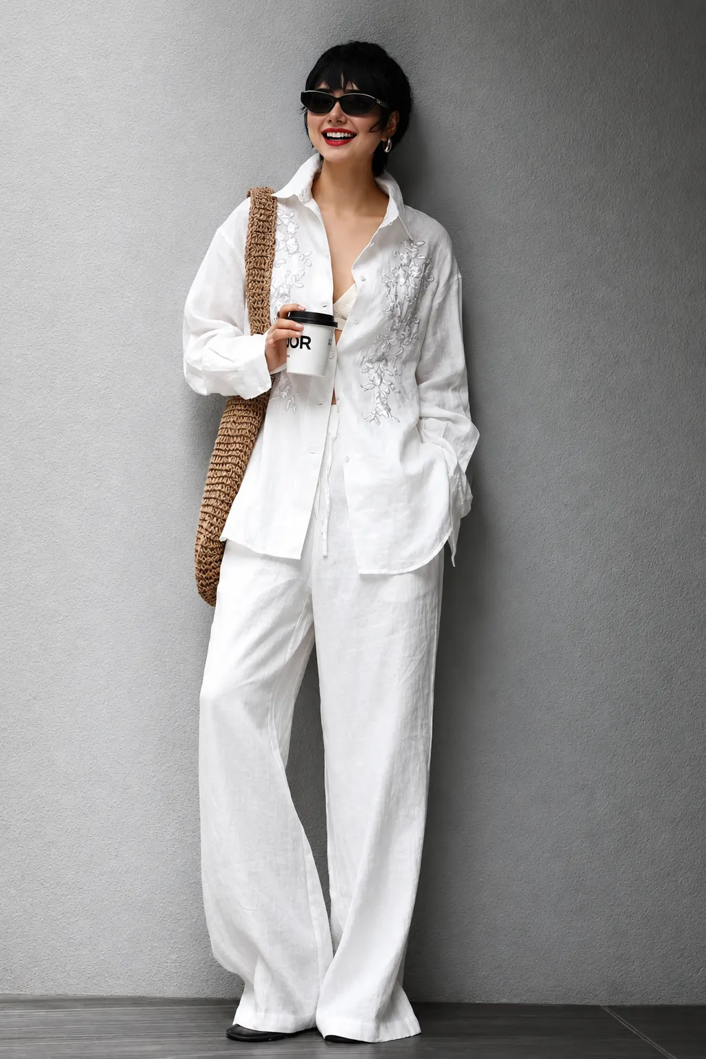 Embroidered Linen Shirt with Matching Wide-Leg Trousers Embroidered linen shirt and wide-leg trouser set