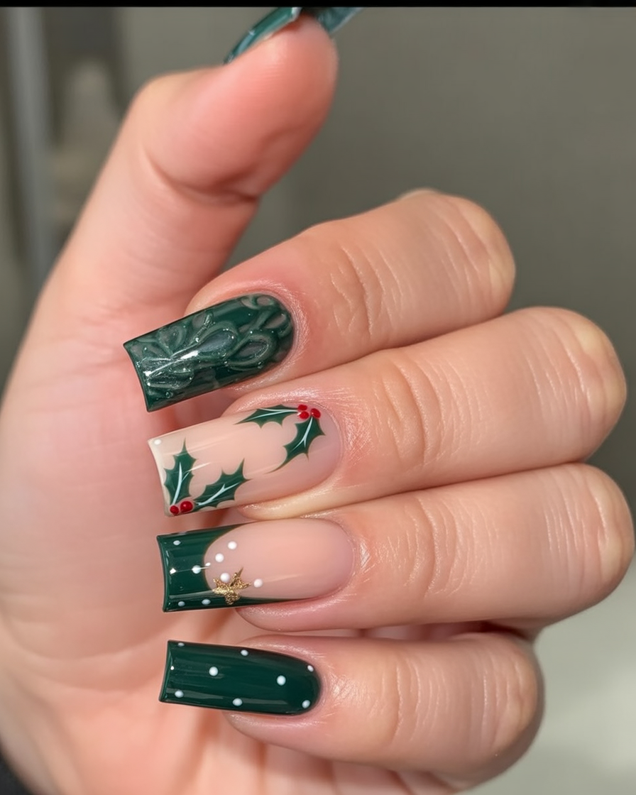Forest Green Holly and Knit Square Nails festive Christmas nail art