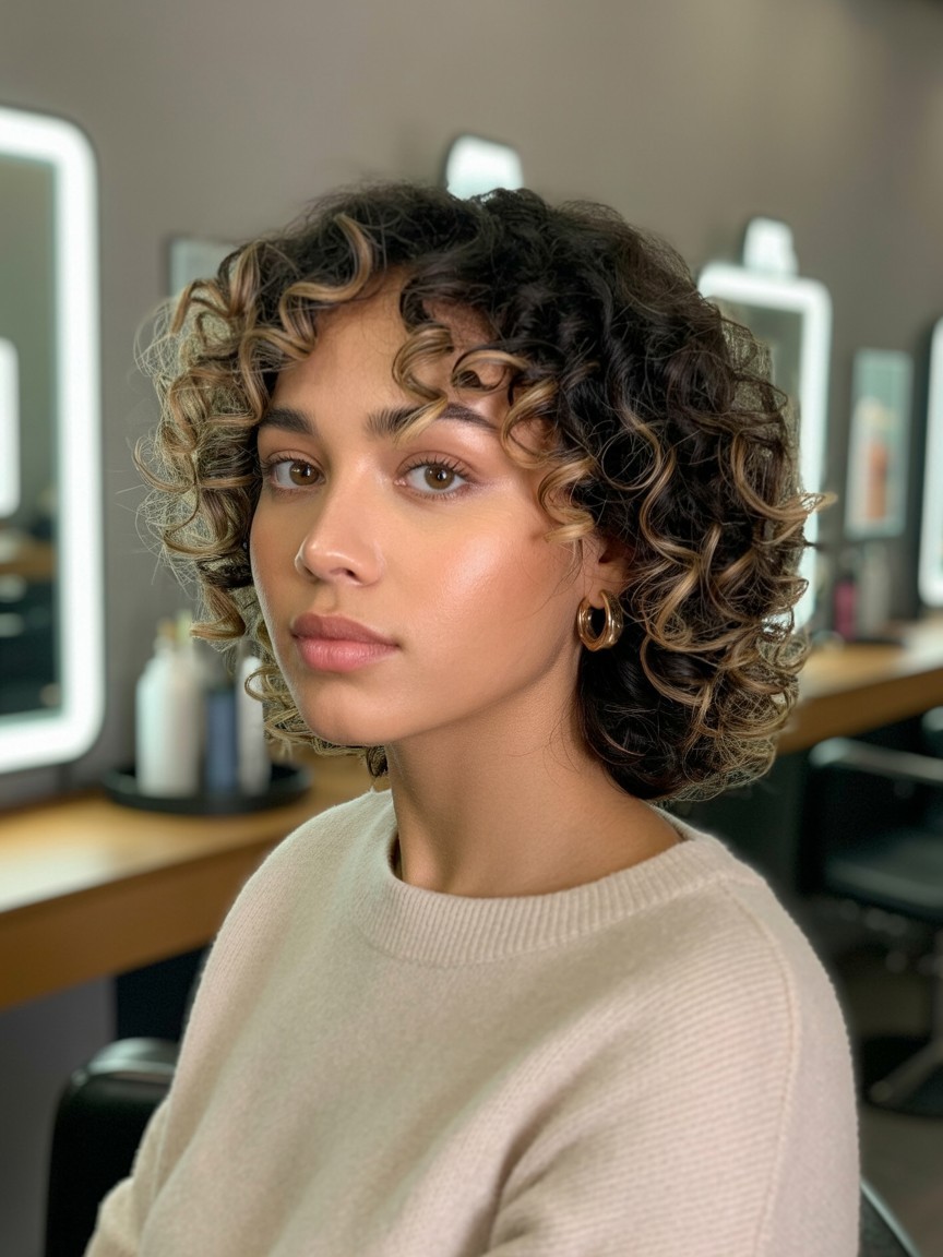 Face-framing blonde highlights on dark curls curly hair dye