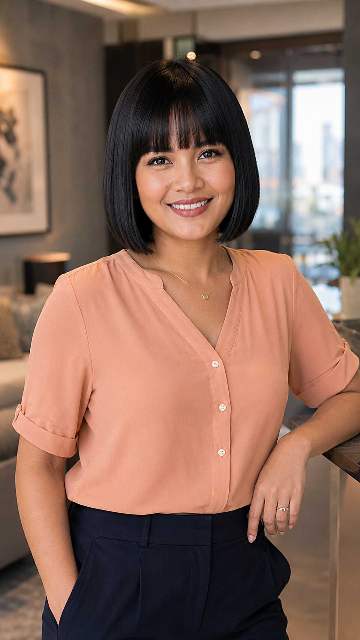 Face-framing black bob with soft bangs Asian haircut