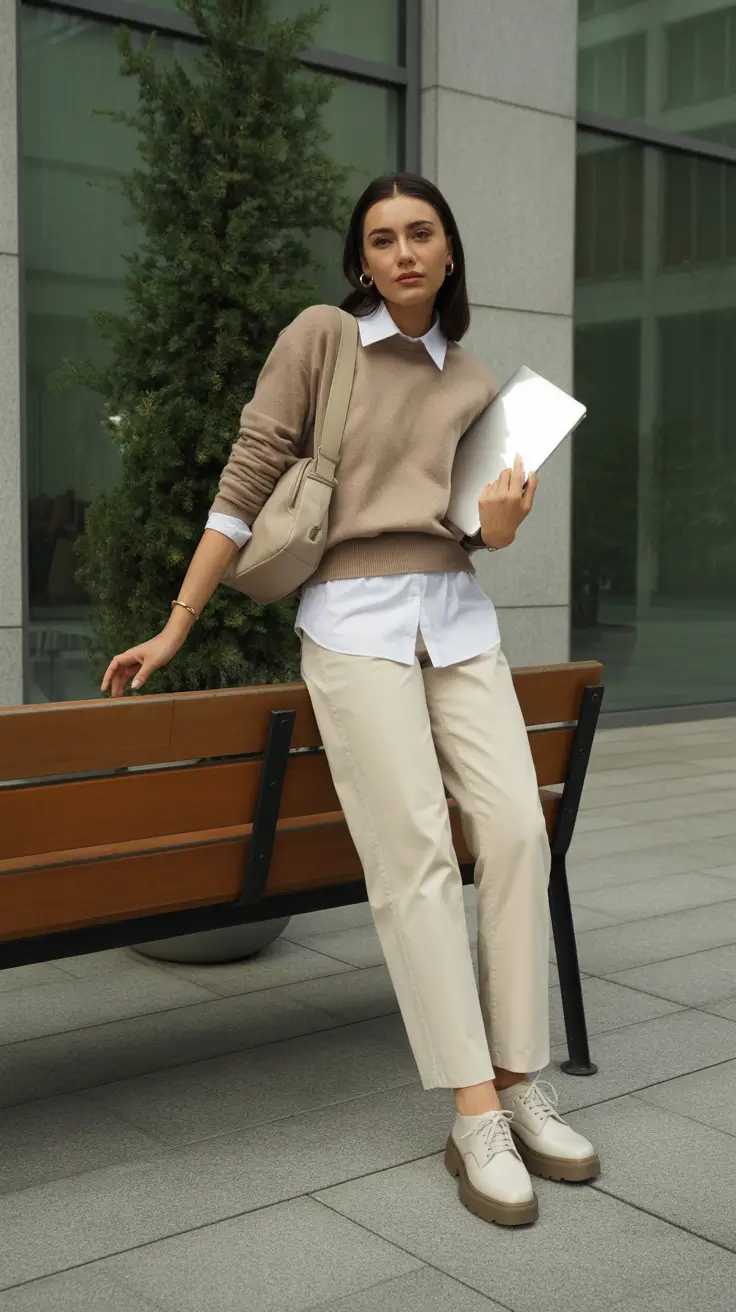 Camel knit over a white shirt with cream cropped trousers casual office outfit