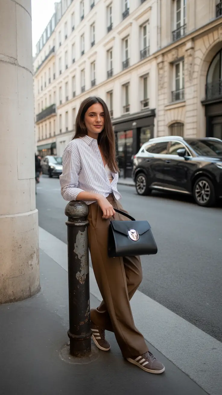 Brown trousers with a pinstripe shirt and sneakers casual office outfit