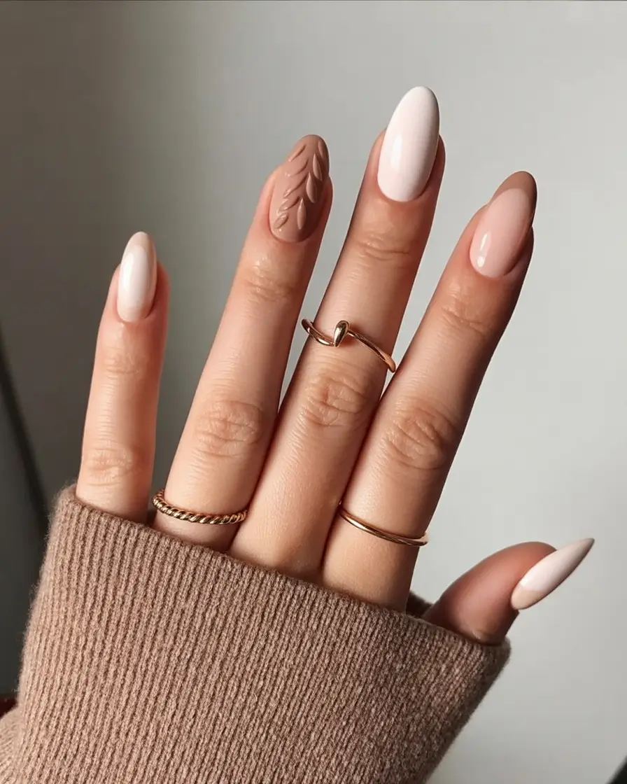 Single Knit Accent on Milky Nude Nails sweater nail design