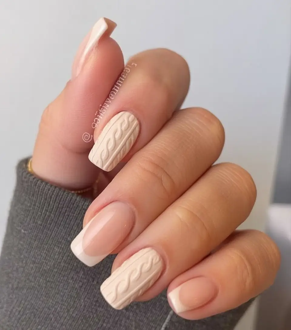 Cream Knitted French on Square Nails sweater nail design