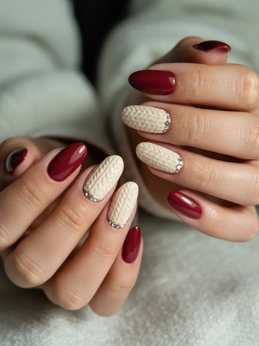 Burgundy Base With Cream Knit and Sparkle sweater nail design