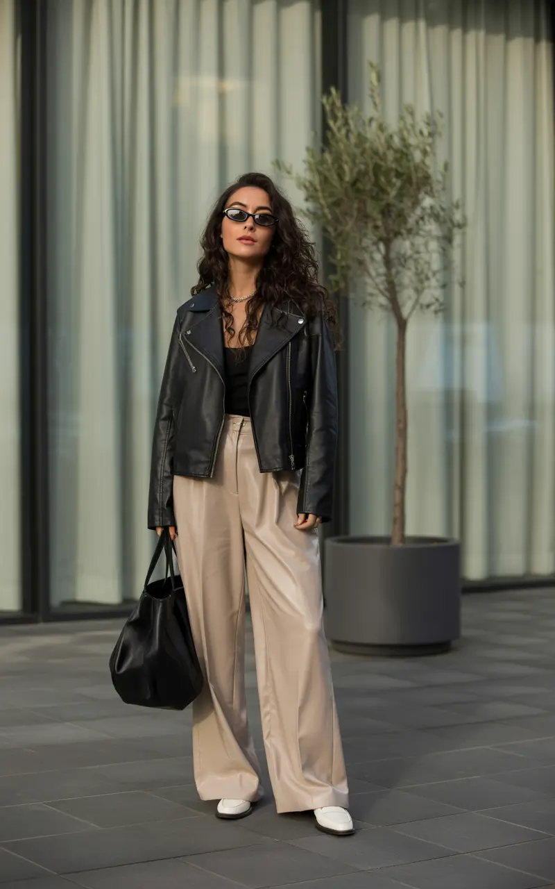Woman wearing a black leather jacket with cream wide-leg trousers and white shoes