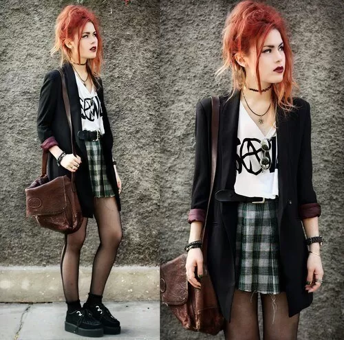 A Band Tee Under an Oversized Blazer With a Plaid Mini edgy outfit