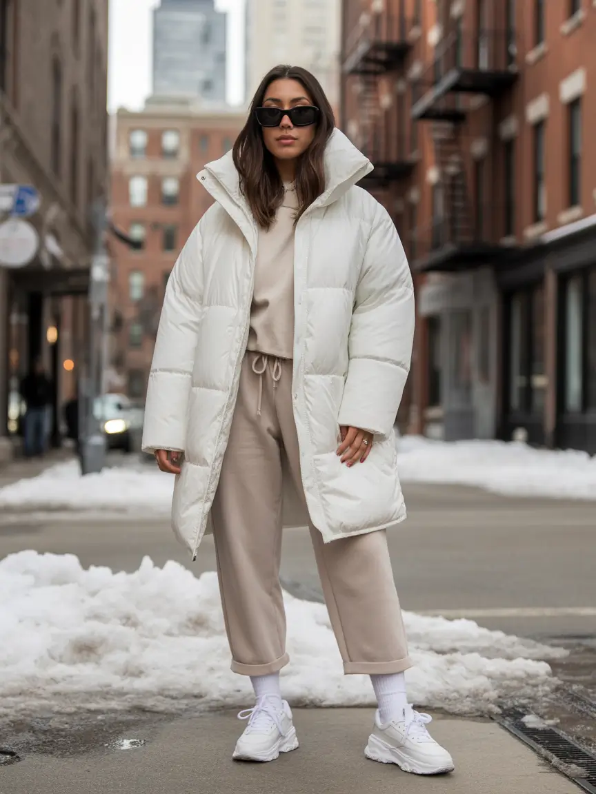 Long White Puffer Coat with a Beige Sweatsuit and White Sneakers jacket outfit
