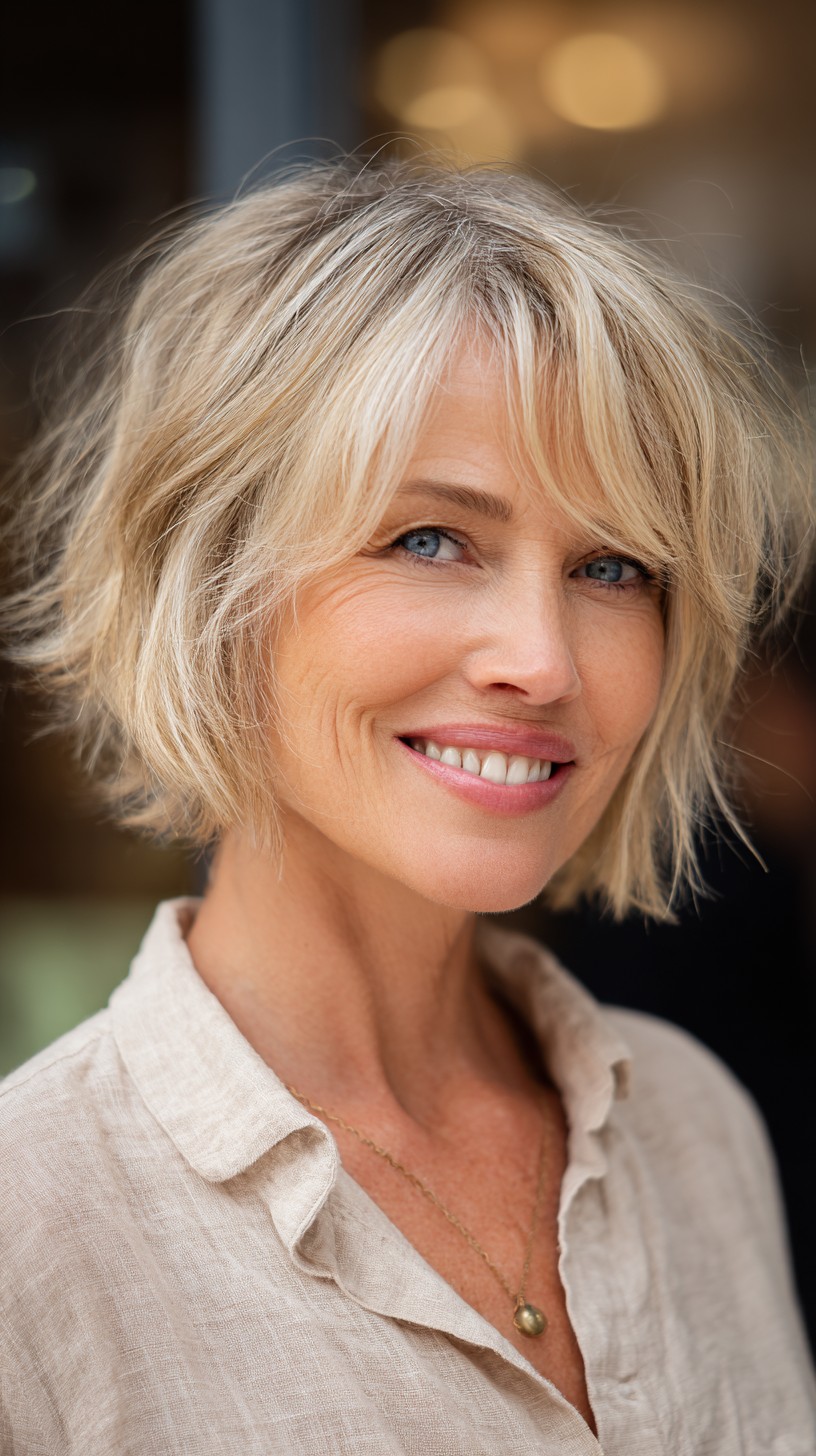 Feathered shaggy bob with rooted silver dimension