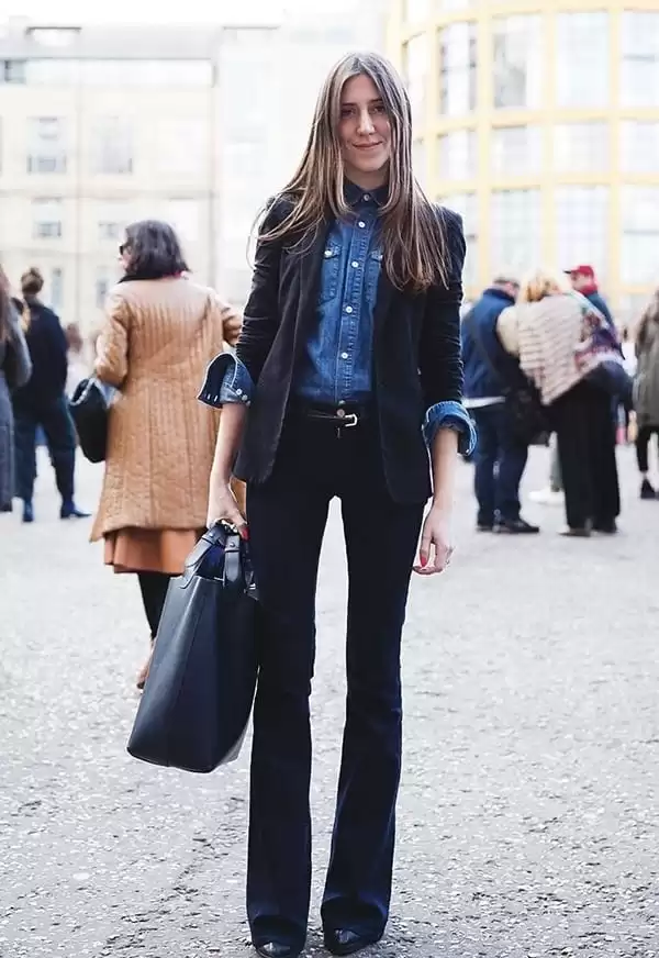 Denim Shirt Under a Black Blazer with Black Flare Jeans black flare jeans outfit