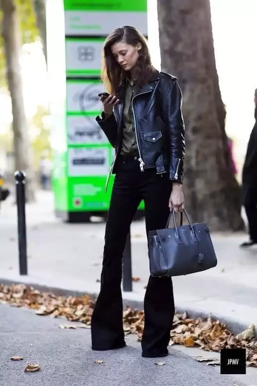 Black Leather Moto Jacket with an Olive Shirt and Black Flares black flare jeans outfit