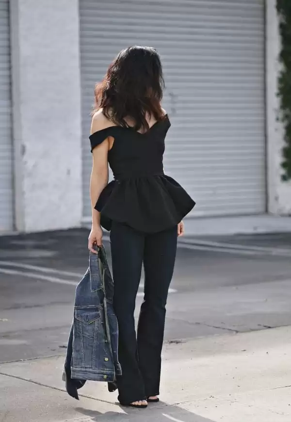 Black Off-Shoulder Peplum Top with Black Flare Jeans black flare jeans outfit
