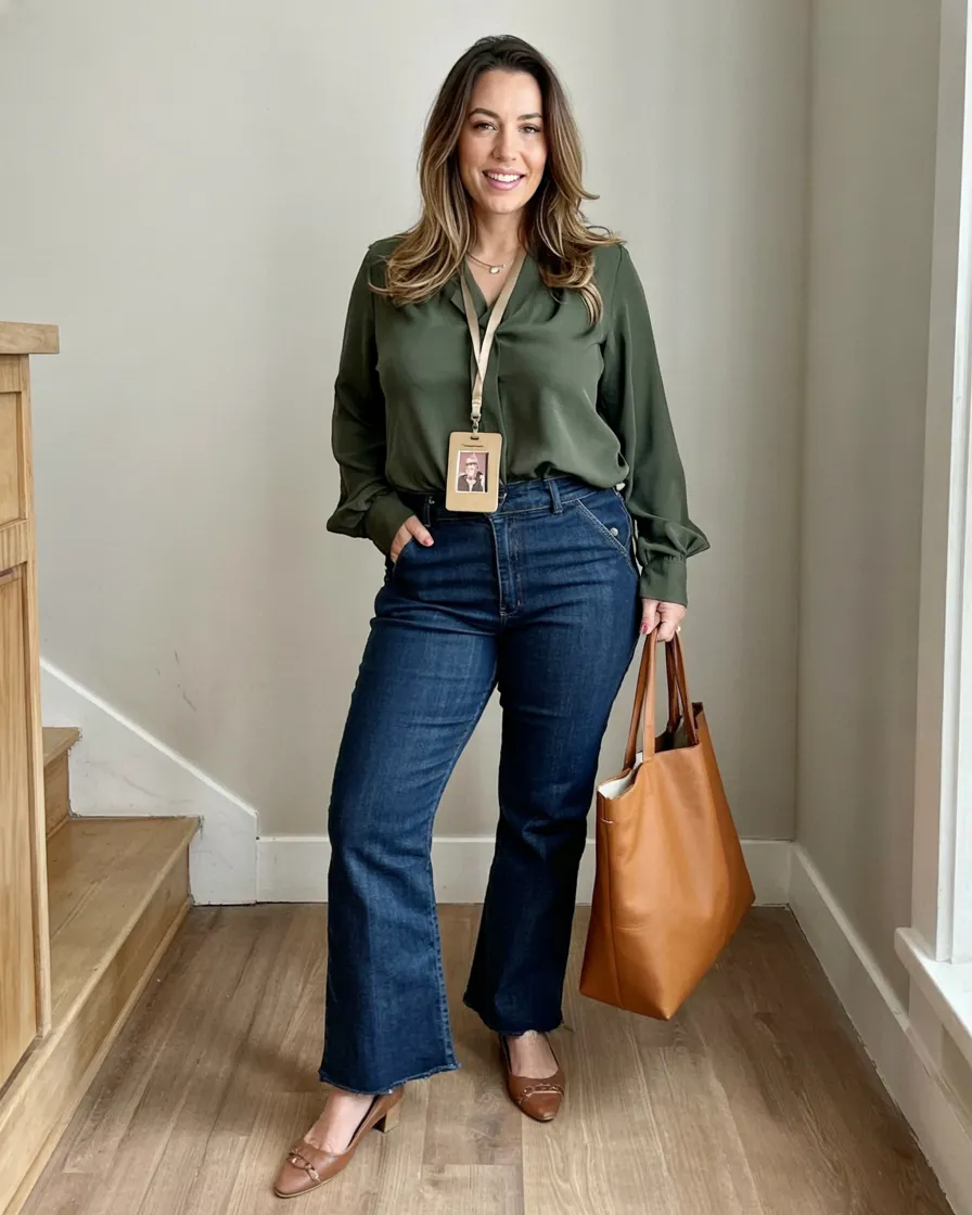 Olive Blouse Tucked Into Dark Denim With a Tan Tote smart casual outfit