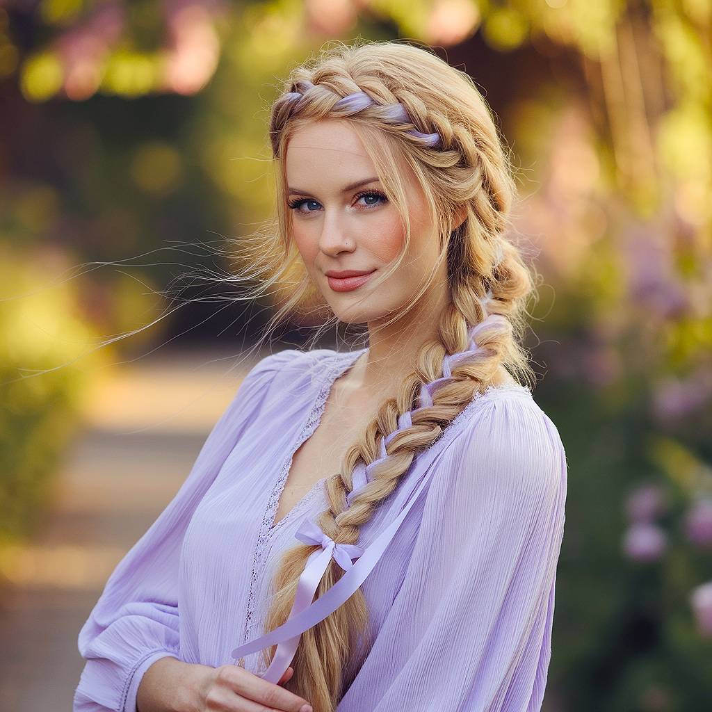 Classic French Braid With a Cascading Ribbon winter hairstyle