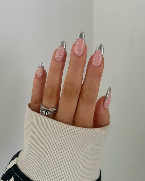 Silver French Tips with Gem Accents French tip winter nail design