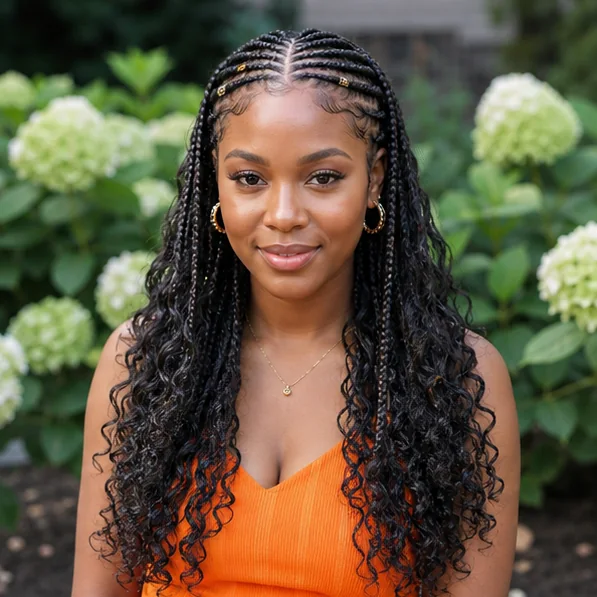 Fulani-inspired boho braids with sculpted front cornrows and loose curls