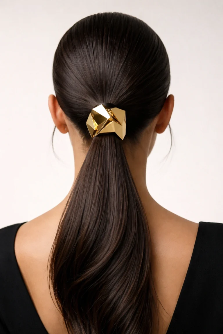 Geometric gold hair clip on a sleek low ponytail